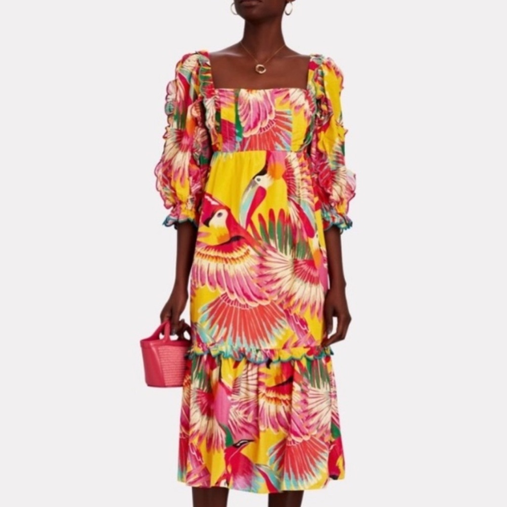 Farm Rio Tropical Midi Dress Colorful Toucan Ruffle Flare Sundress Sleeved Med